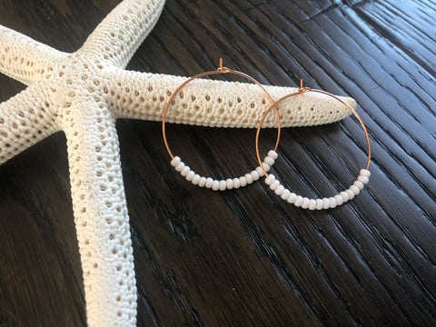 Rose Gold/White Beads Boho Hoops - medium
