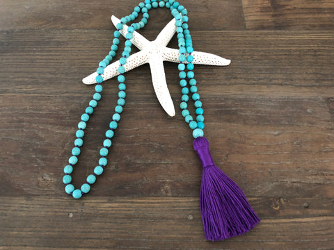 Purple and Blue Turquoise Mala Beads Tassel Necklace