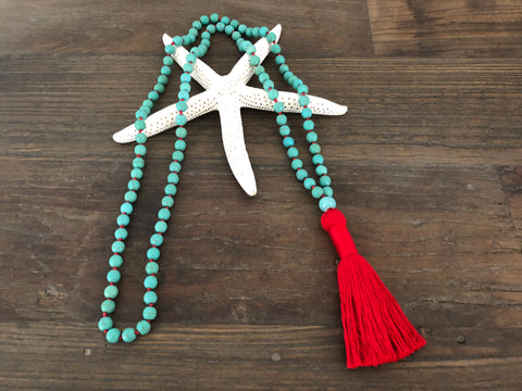 Red and Blue Turquoise Mala Beads Tassel Bohemian Necklace