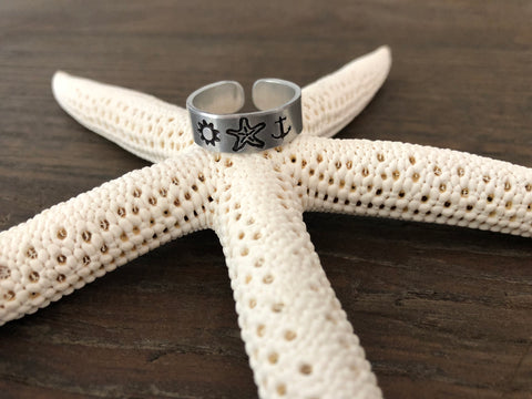 Custom Hand Stamped Aluminum Ring - Sun Starfish Anchor
